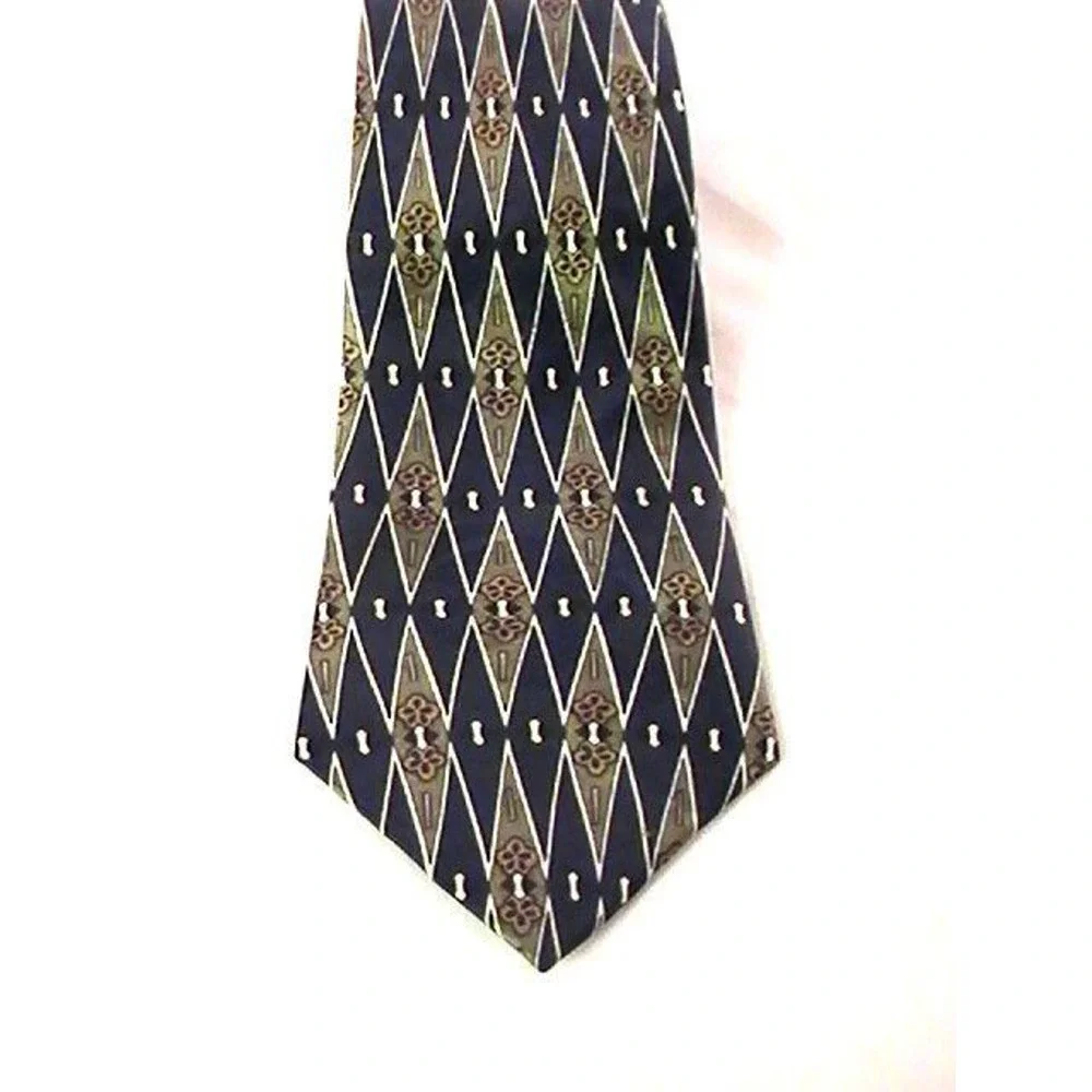 Club Elegante Paris Men's Silk Tie‎ Necktie Navy Green Cream Damask Floral